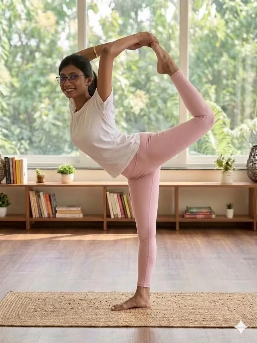 Piyali Dasgupta balancing in dancer pose