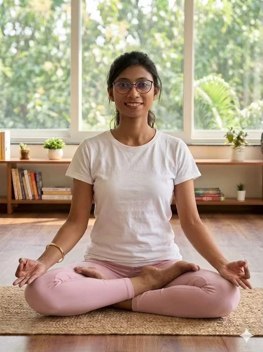 Yoga instructor Piyali Dasgupta seated in meditation