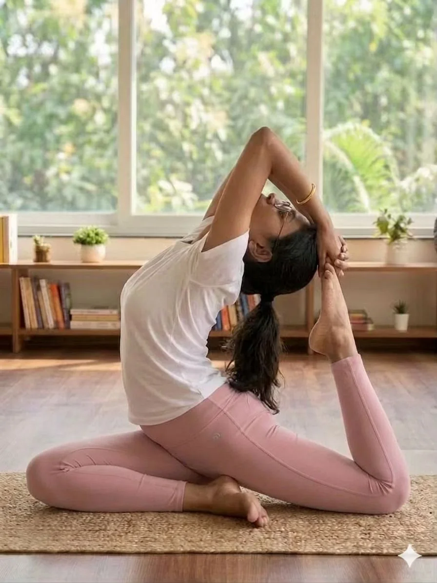 Yoga instructor Piyali Dasgupta demonstrating pigeon pose